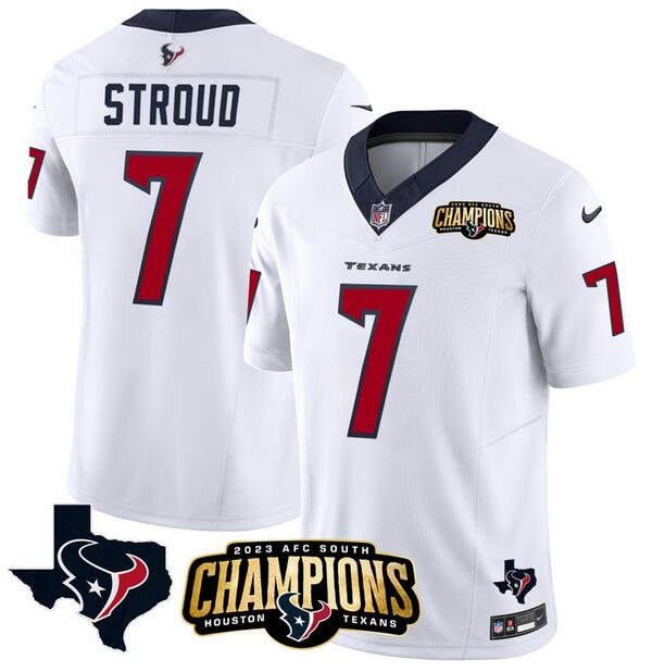 Men's Houston Texans #7 C.J. Stroud White 2023 F.U.S.E. AFC South Champions Patch And Team Logo Patch Vapor Untouchable Limited Football Stitched Jersey